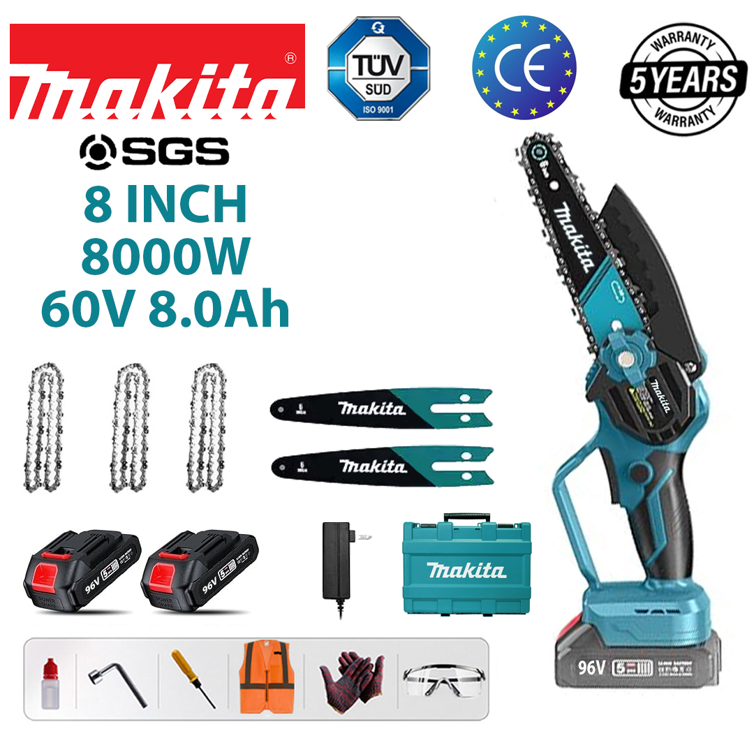 (バッテリー寿命16時間) 8インチ 8000W ブラシレスリチウム電動のこぎり + 60V 8.0Ah バッテリー * 2 + 充電器 + ガイドプレート * 2 + チェーン * 3 + ツールボックス + 潤滑油 + ゴーグル、5年間の保証